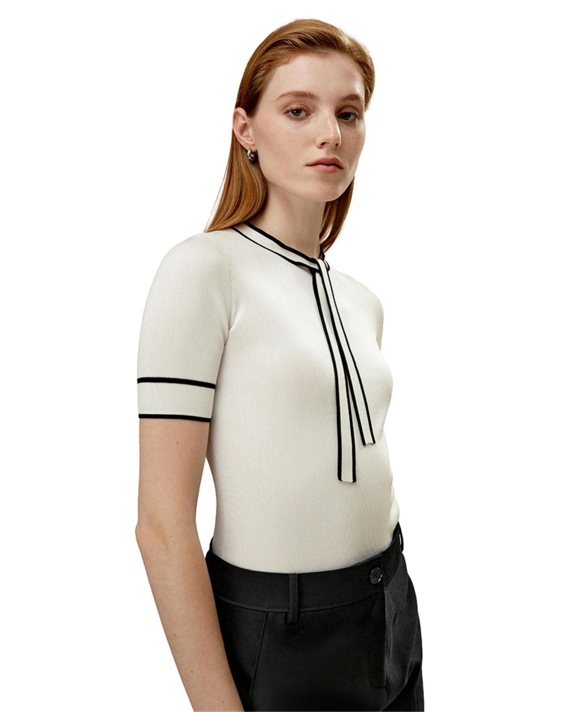 Women's Silk Knit Top with Ribbons - White with black stripes