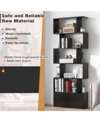 6-Tier S-Shaped Bookcase Storage Rack Bookshelf with Cabinet Anti-toppling Devices