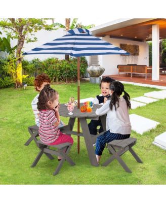 Kids Wooden Table Set with Octagon Table 4 Stools & Removable Adjustable Umbrella
