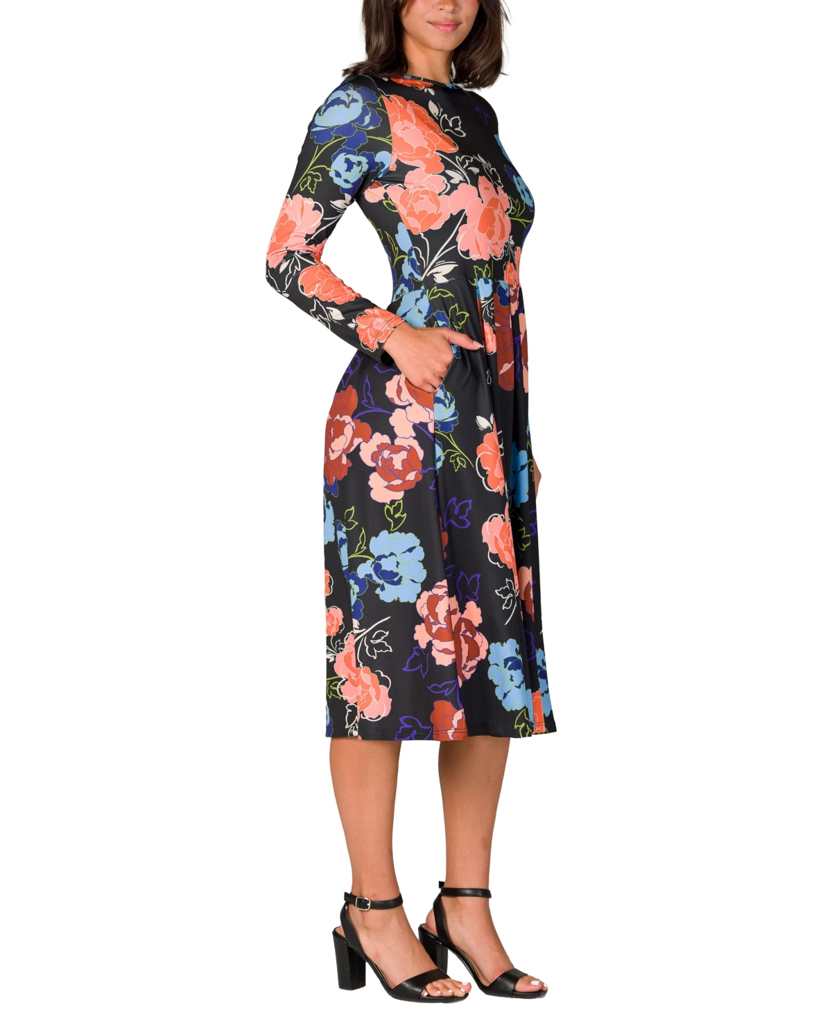 24seven Comfort Apparel Women's Black Floral Midi Length Long Sleeve Pocket Dress In Black Multi