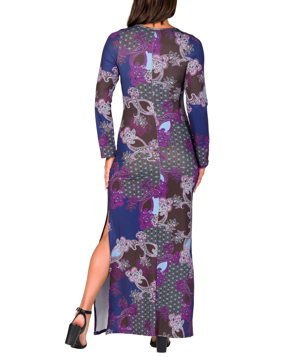 24seven Comfort Apparel Women's Purple Paisley Long Sleeve Side Slit Fitted Maxi Dress In Purple