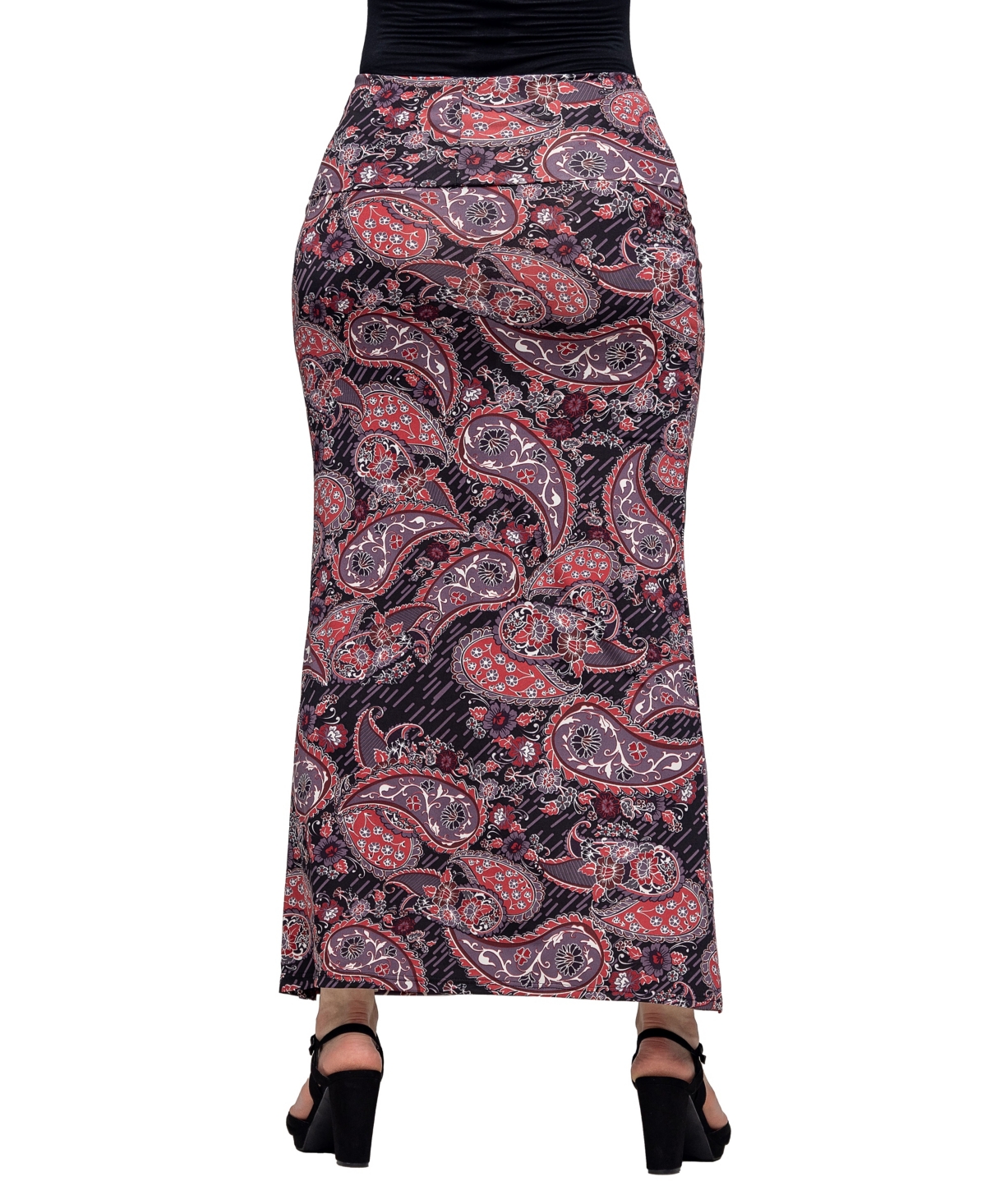 Shop 24seven Comfort Apparel Women's Paisley Print Fold Over Waist Maxi Skirt In Black Multi