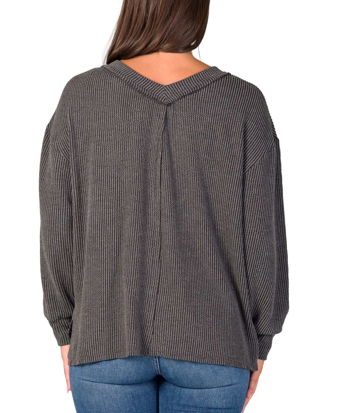 Женский свитер 24seven Comfort Apparel Relaxed Fit Ribbed Knit V Neck Sweater Top, цвет: Чёрный — фото 2