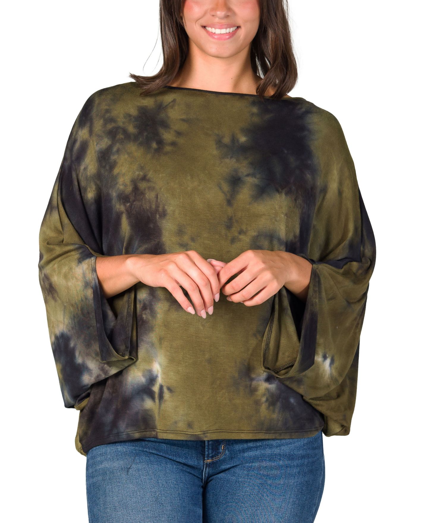 Женский топ 24seven Comfort Apparel Green Tie Dye Batwing Sleeve Relaxed Fit, цвет: Зелёный разноцветный — фото 1
