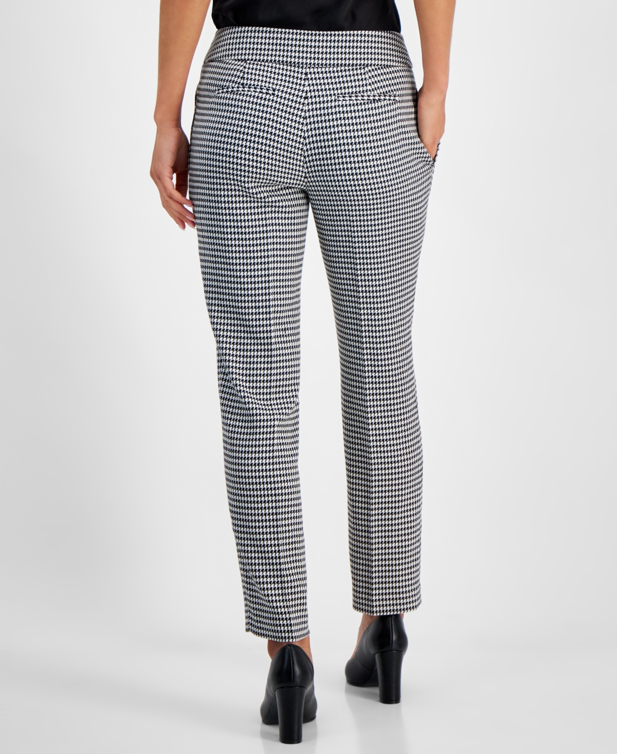 Kasper Women's Houndstooth Print Mid Rise Straight-Leg Pants, Regular and Petite Sizes -White