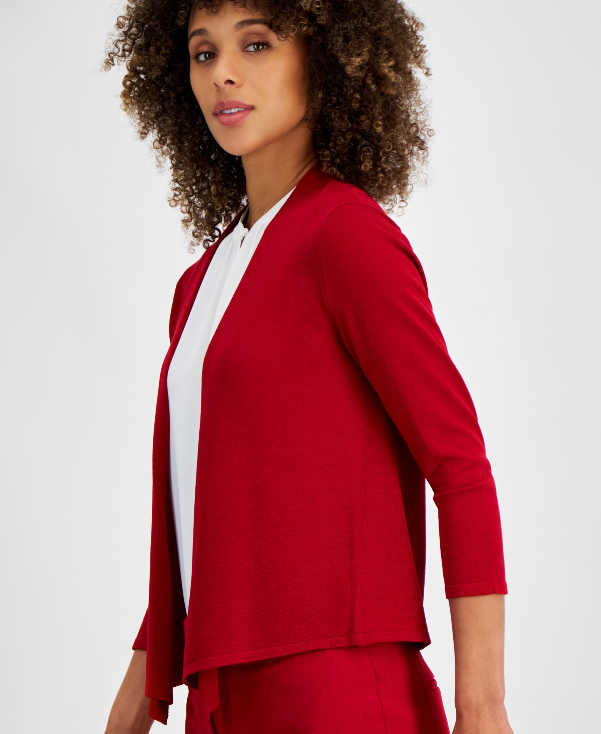 Kasper Plus Open-Front Stitch-Detail Sweater