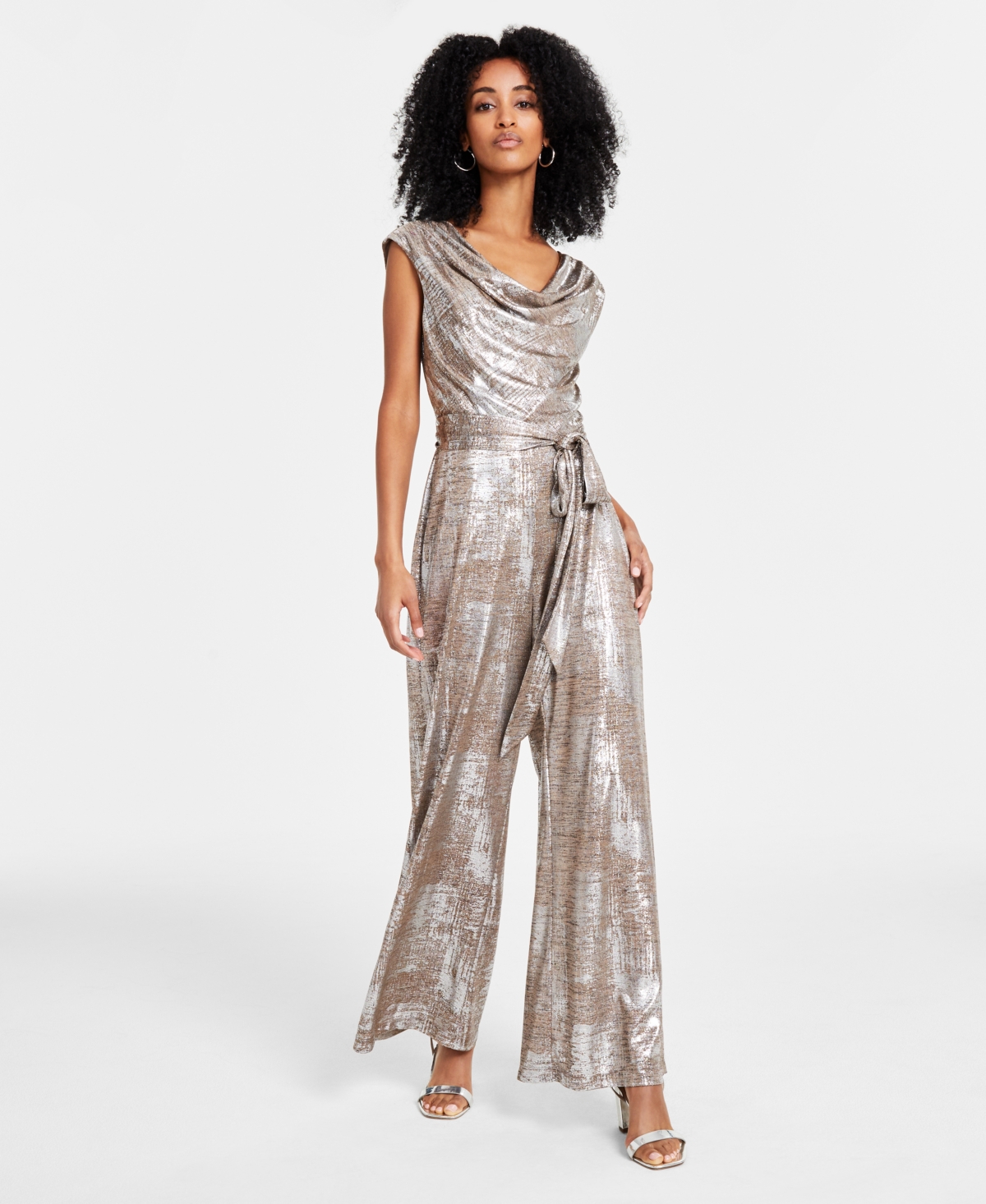 Connected Women's Metallic Cowl-Neck Jumpsuit -Silver