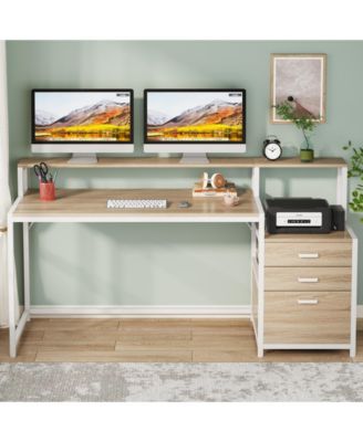 63 Inch Computer Desk with File Drawer Cabinet, Ergonomic Office Desk with Monitor Stand, Computer Table with Printer Space, Wood PC Table Workstation Desk for Home Office