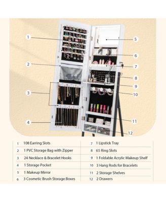 Jewelry Cabinet Armoire 3 Color LED Modes Full-Length Frameless Mirror Lockable