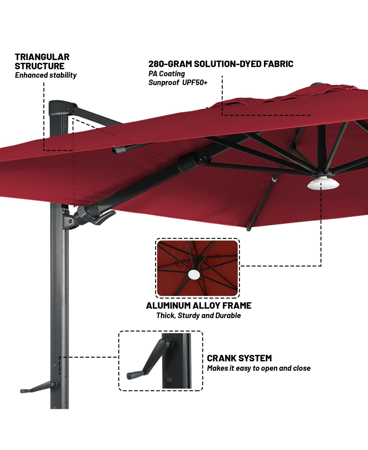 Boyel Living ft. 360°Rotation Square Cantilever Patio Umbrella with Bluetooth Speaker and Led Light
