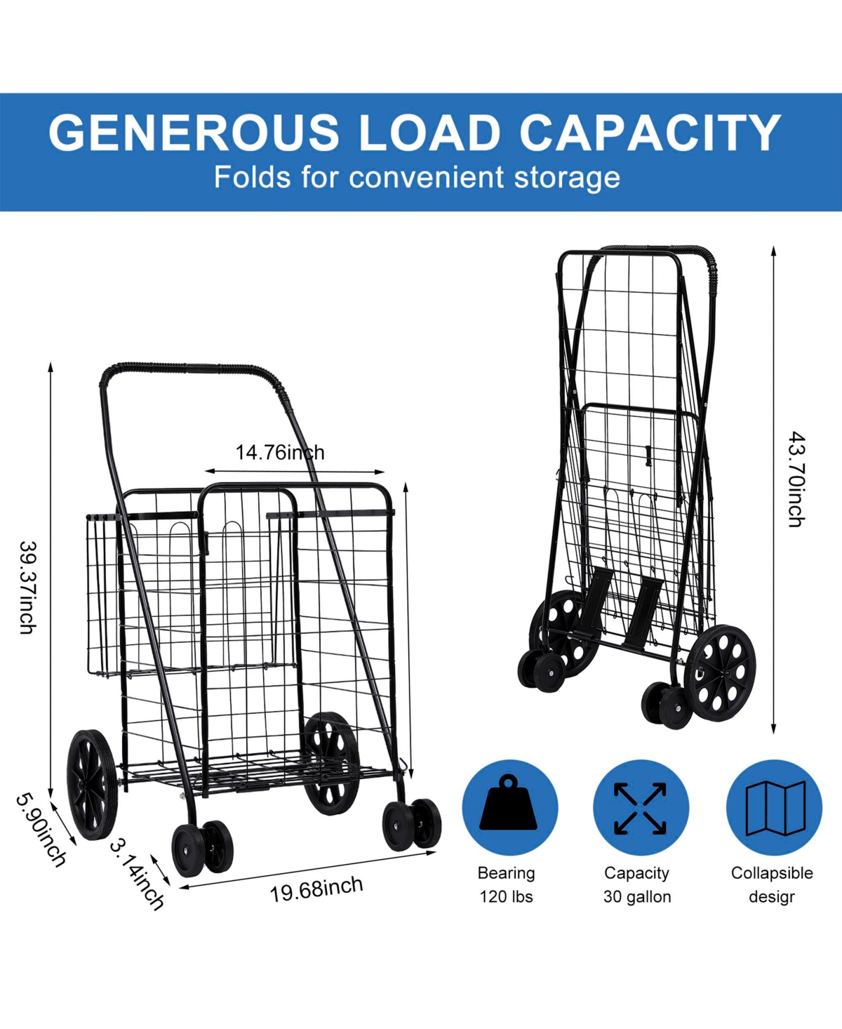 Sugift Folding Shopping Cart with Removable Waterproof Liner, 360° Swivel Wheels, Heavy Duty Utility Cart for Shopping