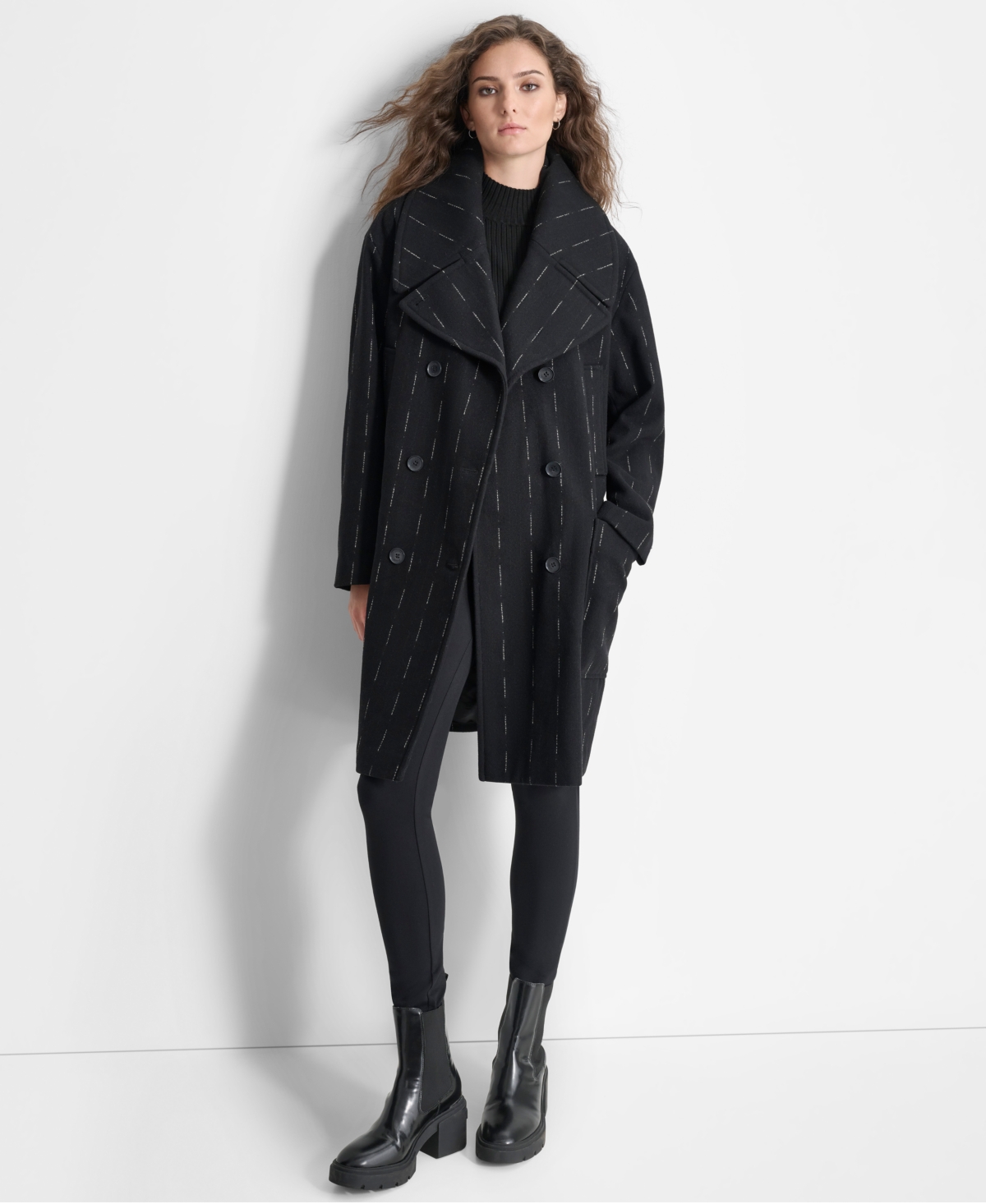 Dkny Women's Broken-Stripe Long-Sleeve Oversized Coat