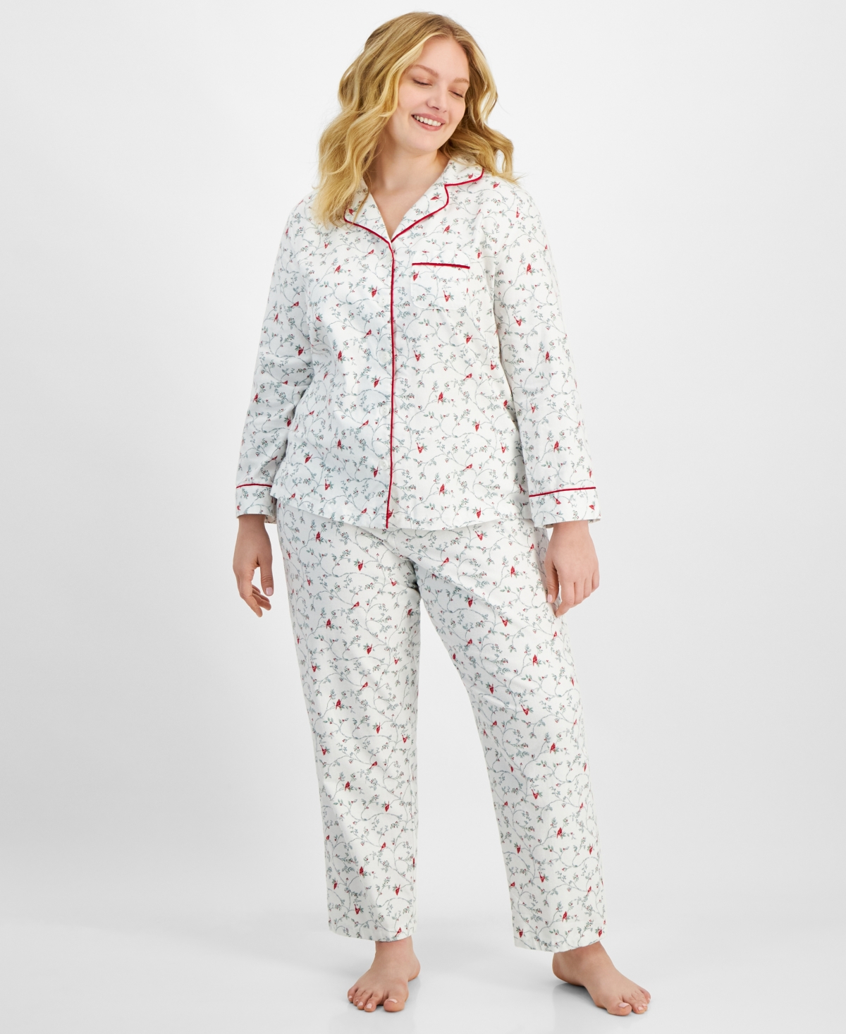 Plus Size Cotton Flannel Printed Pajama Set, Created for Macy's - Delicate Cardinal