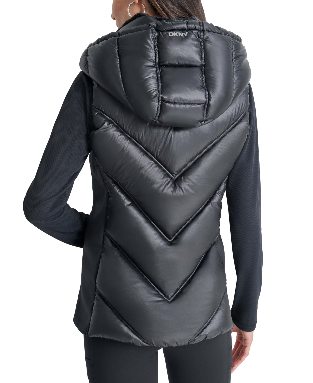 Dkny Women's Hooded Puffer Vest with Contrast Scuba and Teddy Faux Fur Collar