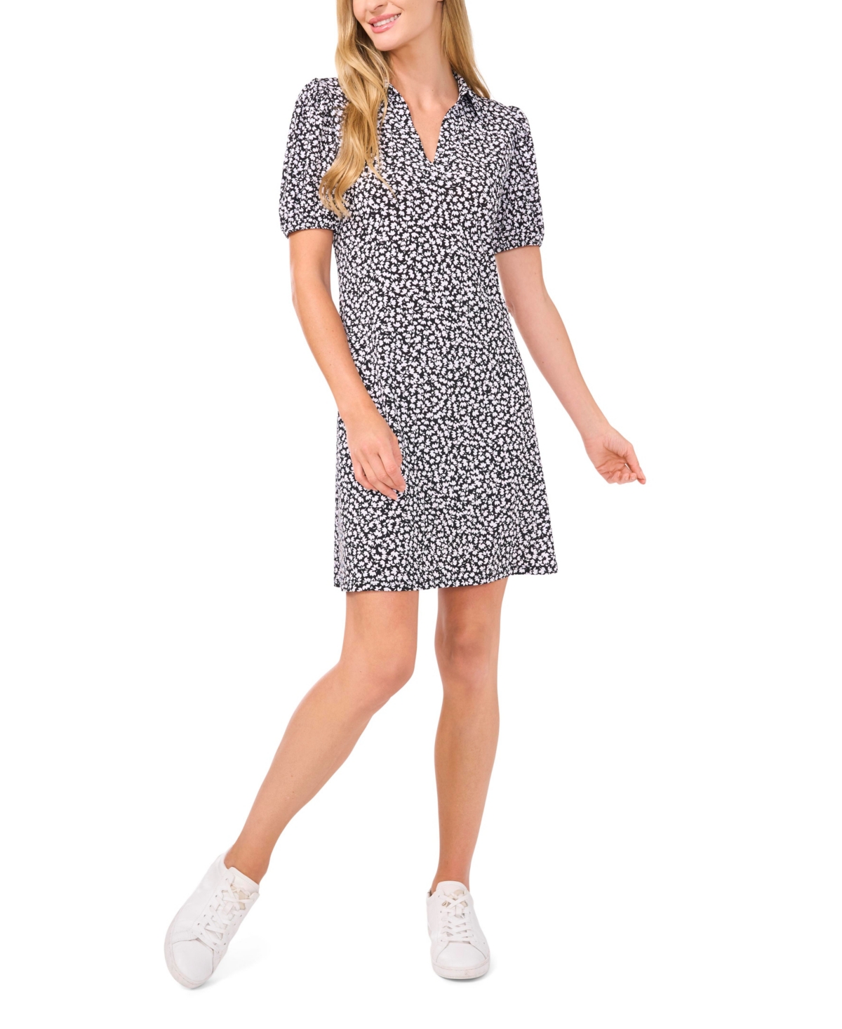 CeCe Women's Tiny Floral Printed Puff Sleeve Knit Dress