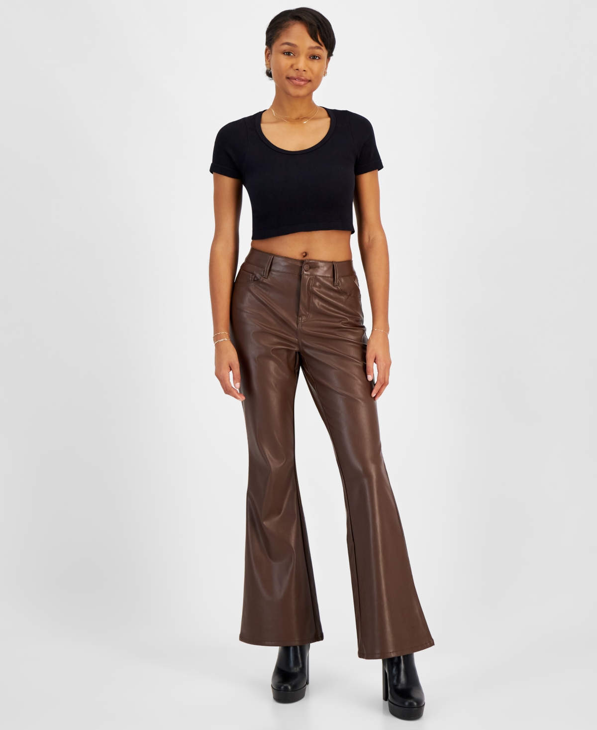 Juniors' Faux-Leather Five-Pocket Flare Pants - Brown