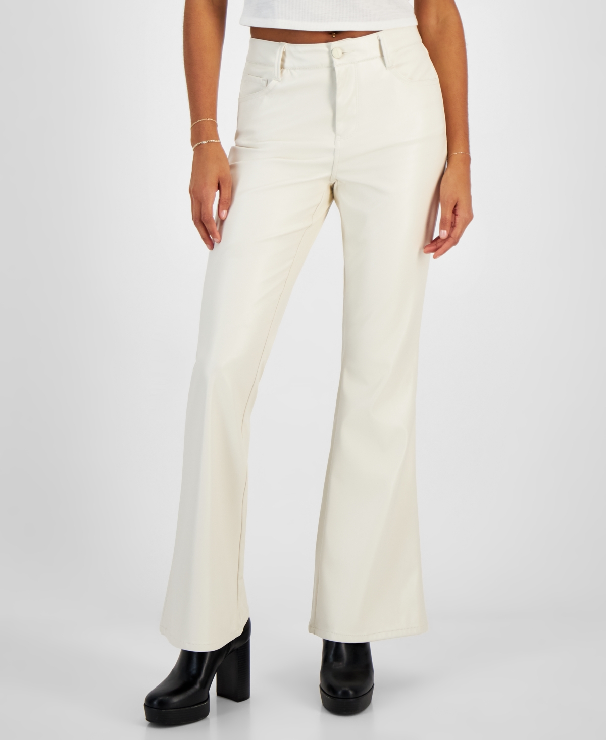 Juniors' Faux-Leather Five-Pocket Flare Pants - Winter white