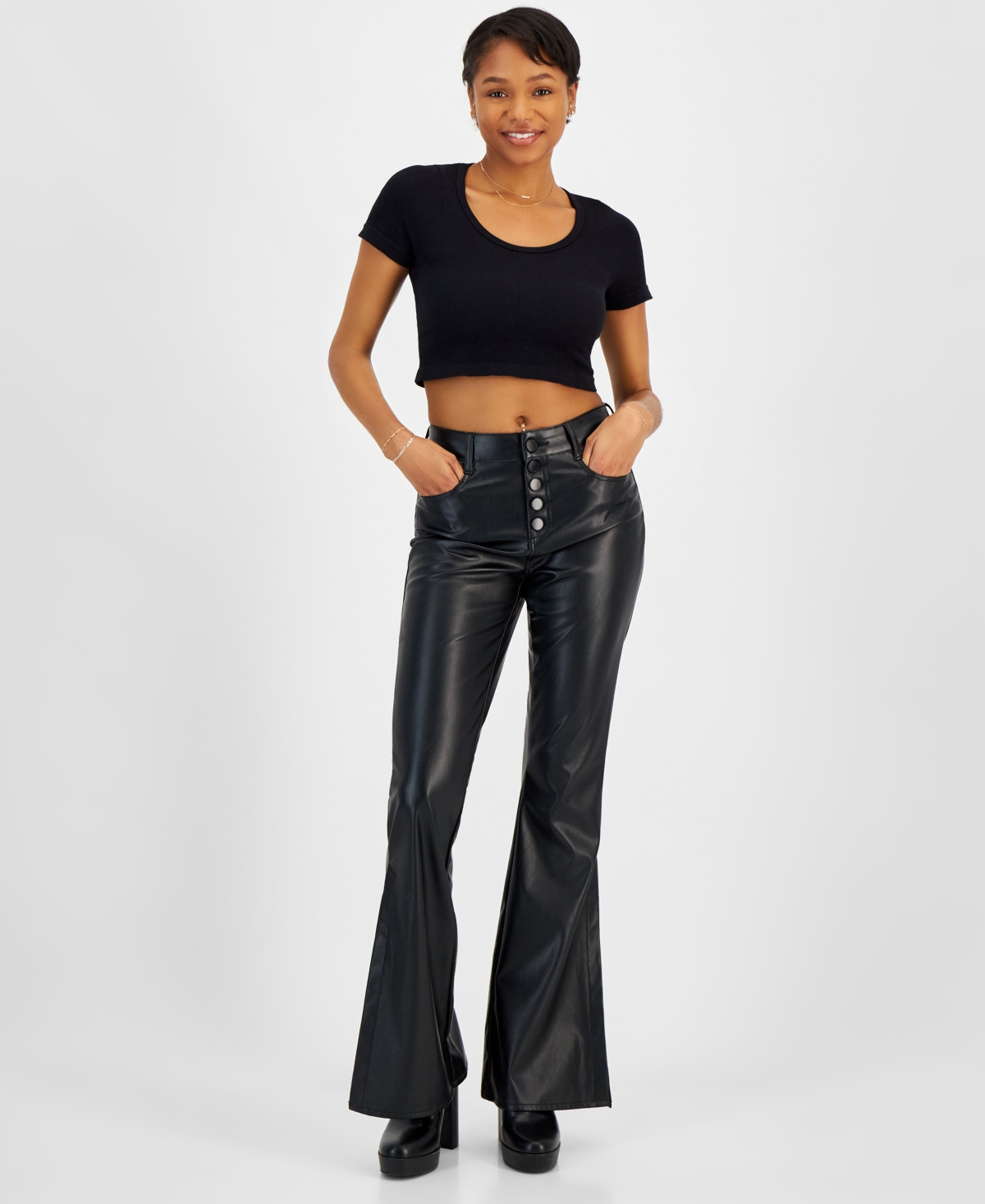 Juniors' Exposed Button-Fly Faux-Leather Flare Pants - Black