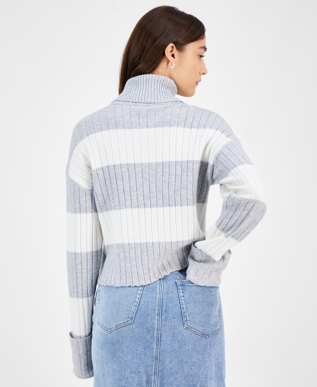 Ultra Flirt Juniors' Stripe Cuffed Sleeve Turtleneck Sweater -White