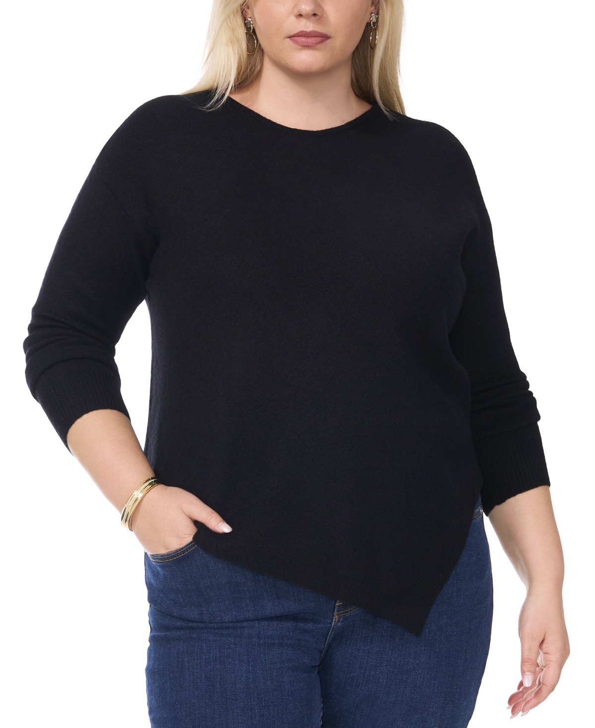 Vince Camuto Plus Size Asymmetric-hem Sweater In Rich Black