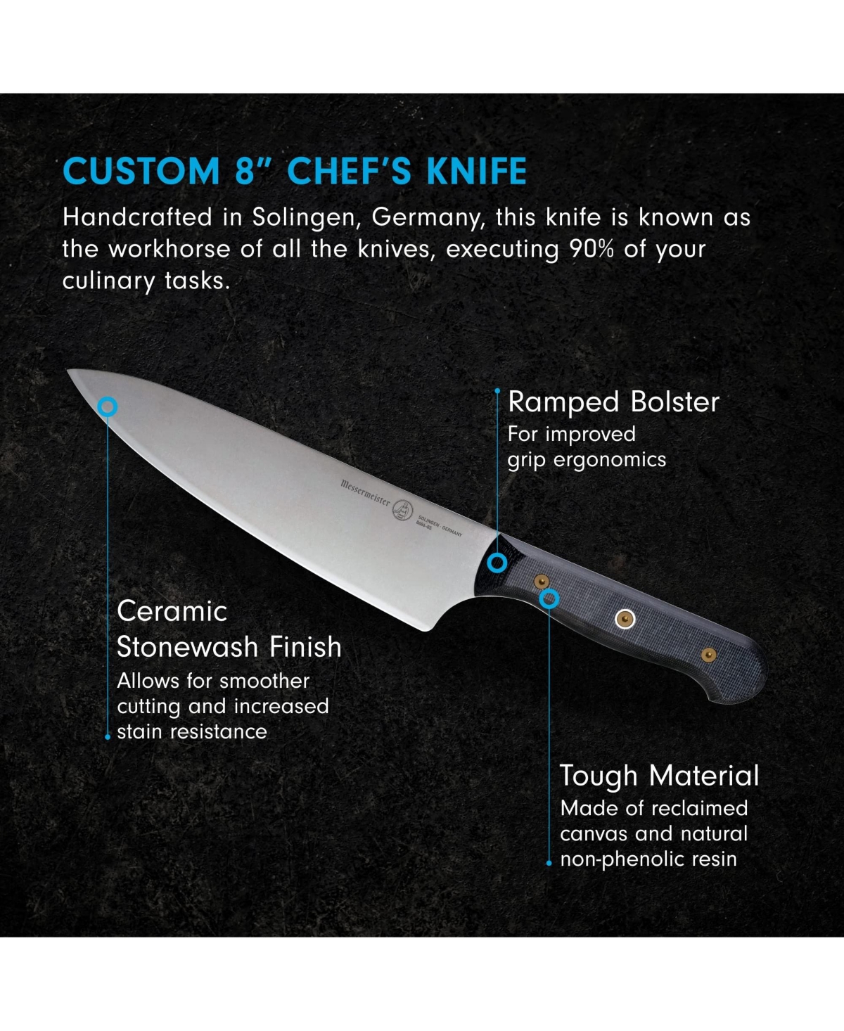 Messermeister Custom Chef s Knife, 8” - Silver with black textured handle