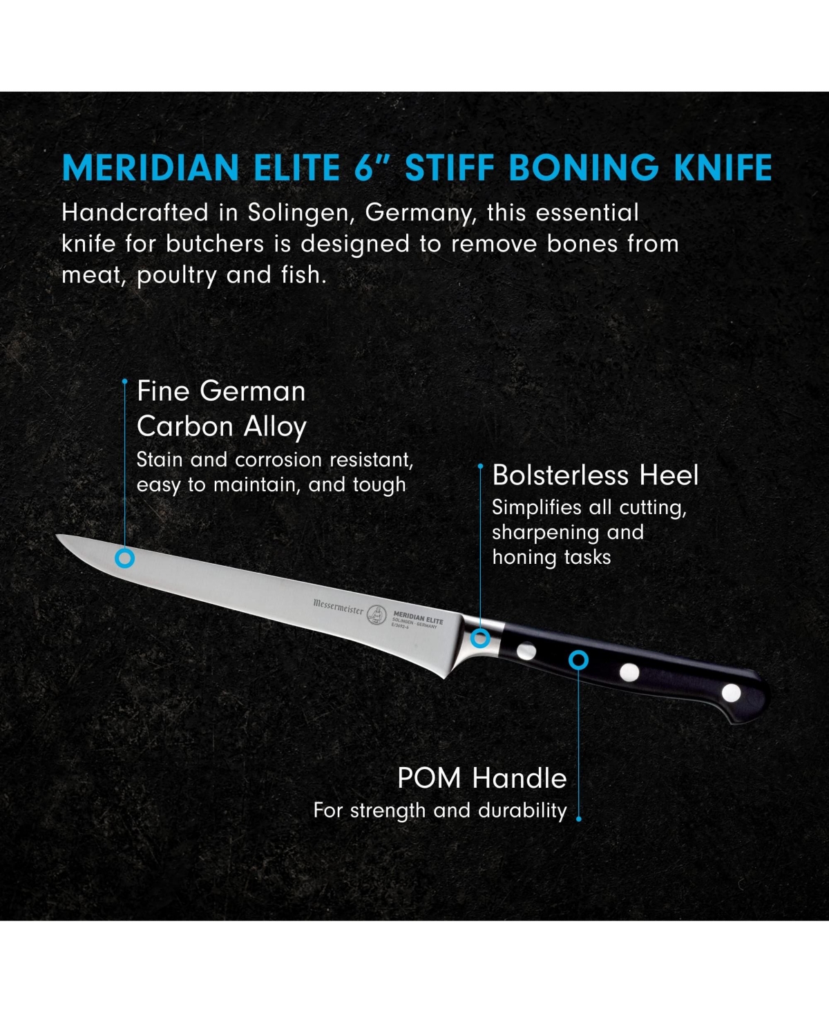 Messermeister Meridian Elite Boning Knife, Stiff, 6” - Silver with black handle
