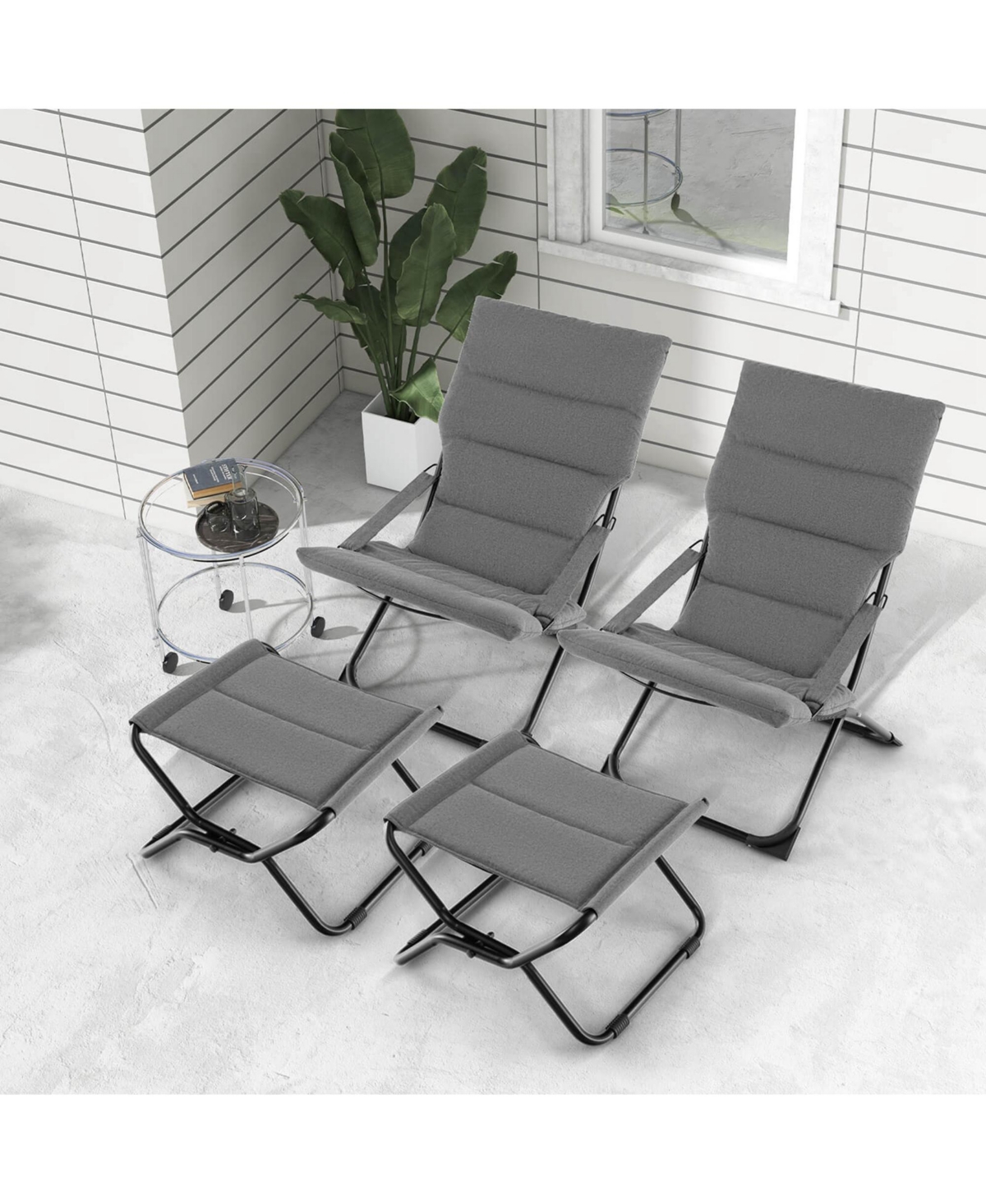 Costway Patio Folding Sling Chair with Ottoman Footrest & Removable Cushion Ottoman Set