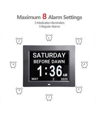 8" Large Digital LCD Day Clock 6-Alarm Dimmable Calendar Dementia Home Wall Table Black