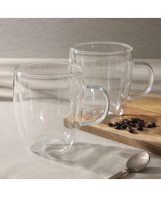 Retro Machiato Large 16 Ounce Insulated Double Wall Glass Coffee & Tea Cups, Set of 2