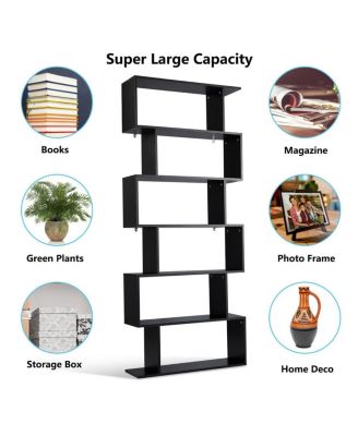 6 Tier S-Shaped Bookcase Z-Shelf Style Storage Display Modern Bookshelf Black