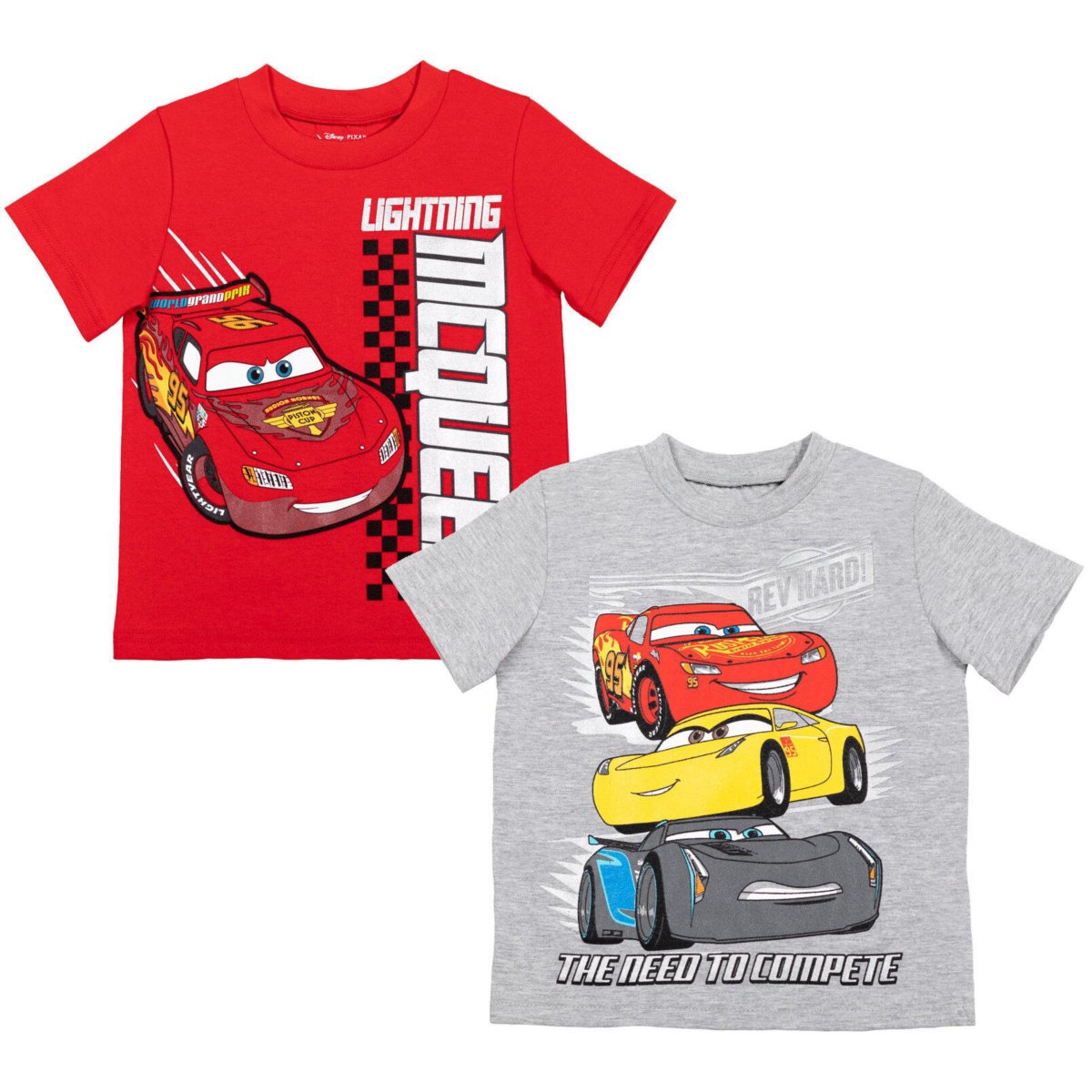 Disney Toddler Boys Mickey Mouse Toy Story Winnie the Pooh Cars Lion Guard Moana Luca Firebuds 2 Pack T-Shirts to - Red grey mcqueen storm