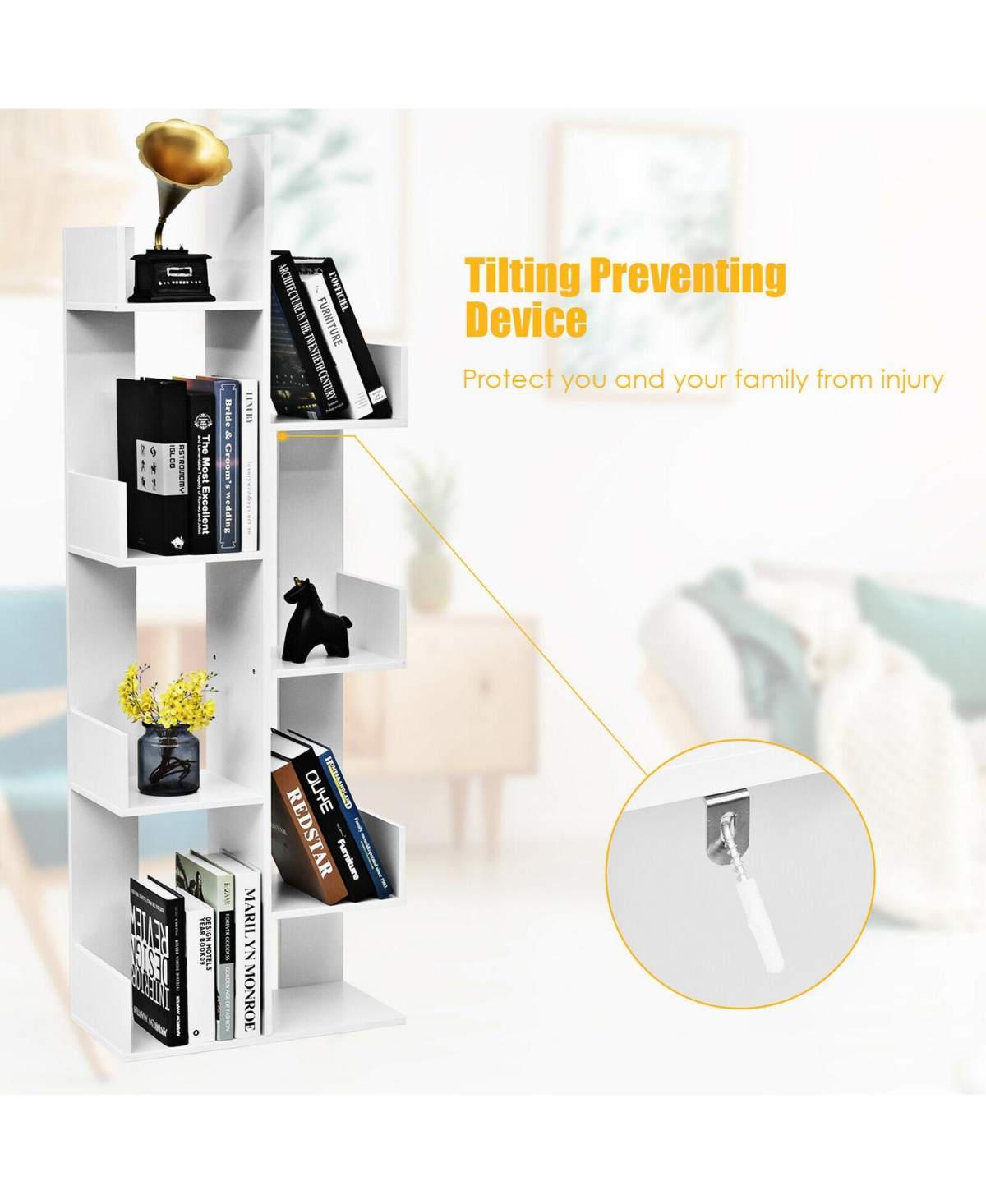 Gymax 8-Tier Bookshelf Bookcase w/8 Open Compartments Space-Saving Storage Rack- White