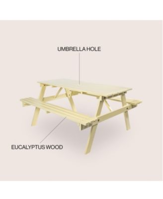 Shoreham 55" Modern Classic Outdoor Wood Picnic Table Benches with Umbrella Hole, Almond