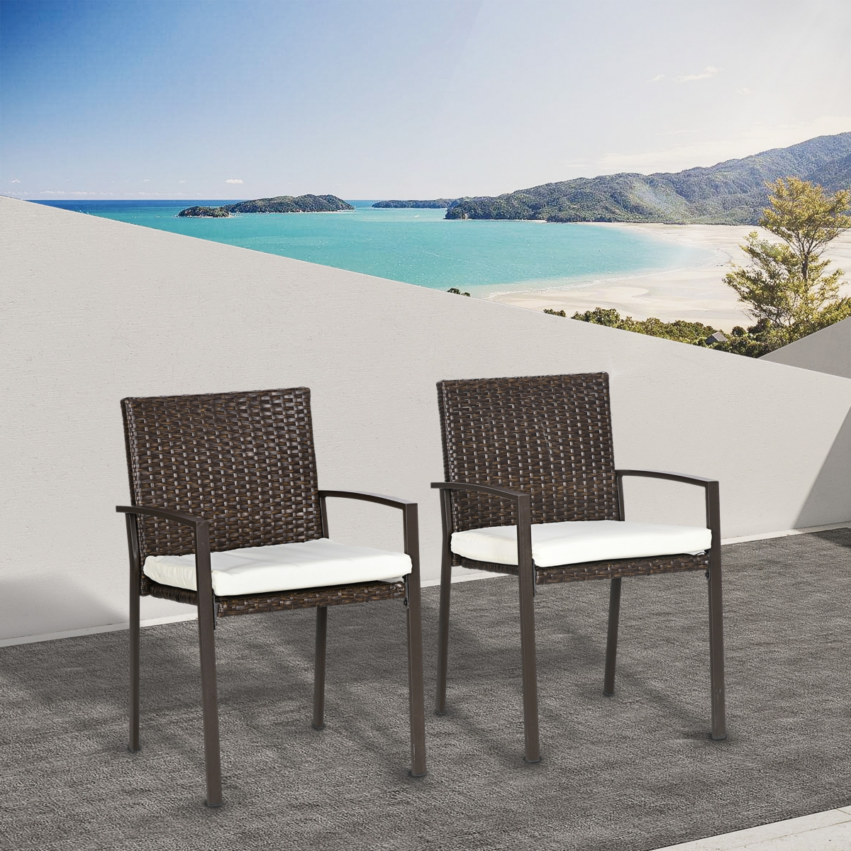 Outsunny 2 Dining Chairs w/ Cushions, Patio Wicker Armchair Set, White