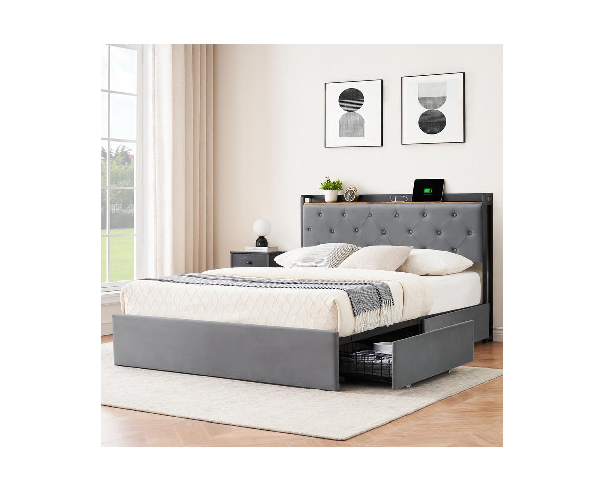 gaomon Upholstered Bed Frame with Charging Station Headboard & 4 Storage Drawers, Platform Bed Frame Mattress Foundation with Wooden Slats Support, No