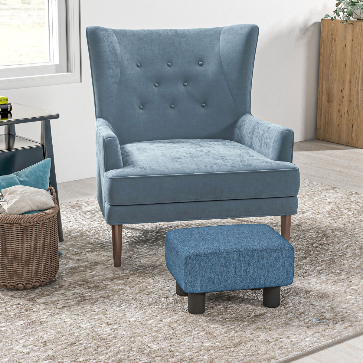 Homcom 16” Cubed Modern Linen Fabric Pouf Footrest Ottoman Furniture Dark- Blue