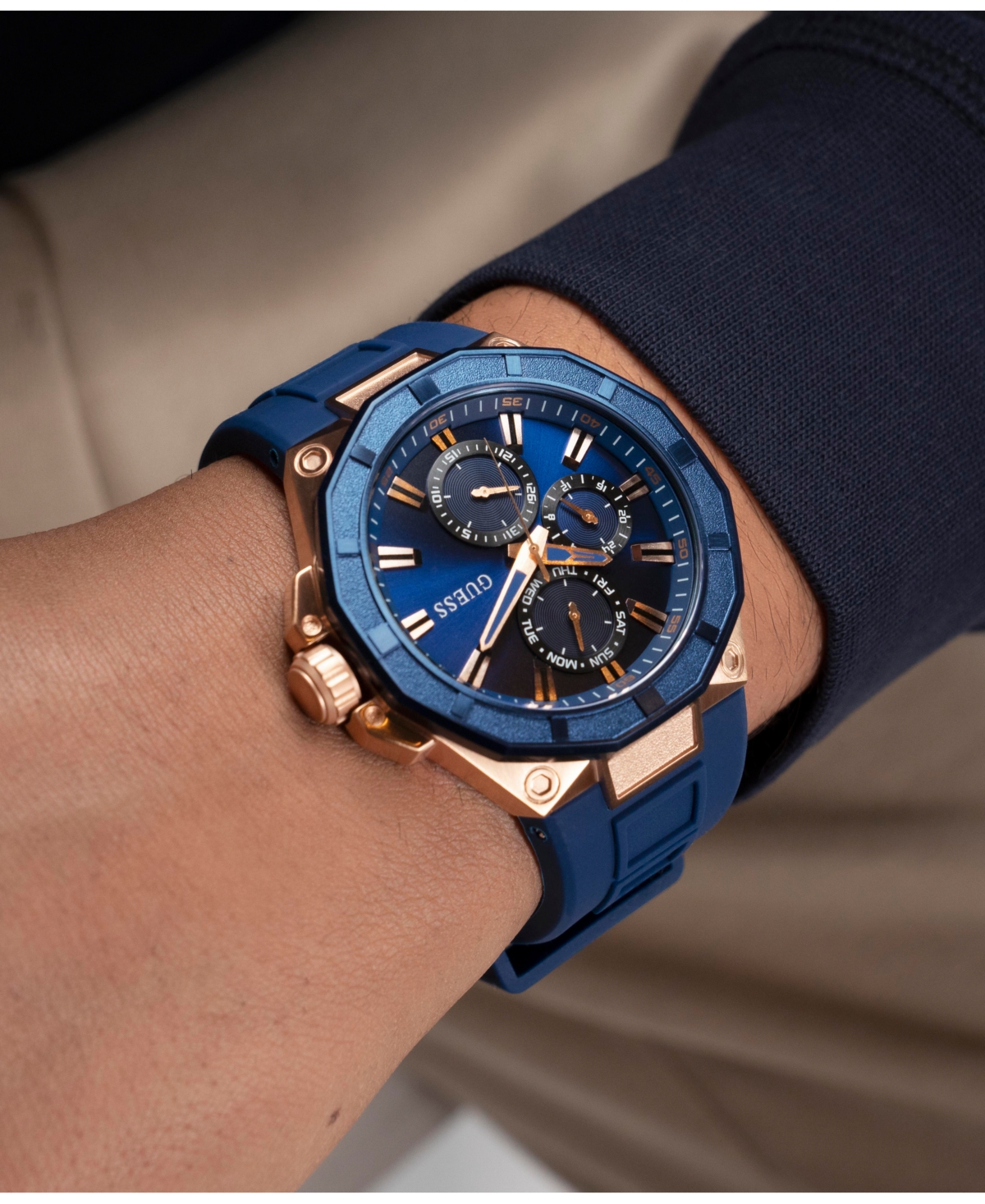 Guess Men's Multi-function Blue Silicone Watch 46mm In Blue