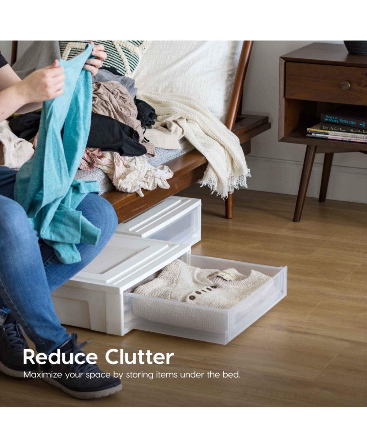 Iris Usa 27.5qt Plastic Under Bed Storage Containers with Sliding Organizer Drawers,- White