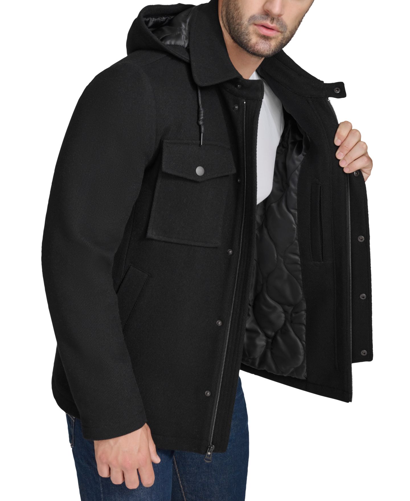 Мужская куртка Cole Haan Full-Zip Twill Field with Removable Hood, цвет: Чёрный — фото 5