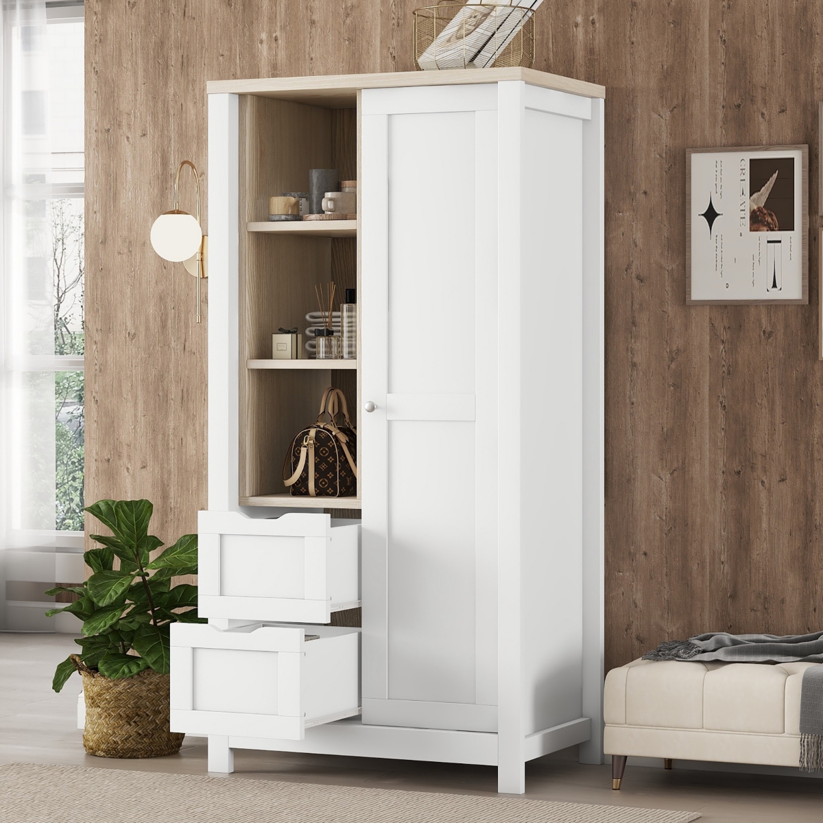 Streamdale Furniture Modern Farmhouse Wardrobe with Sliding Door, Drawers, and Shelves