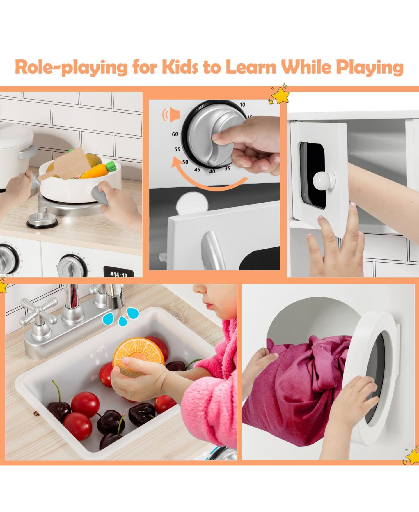 Детская игрушка SKONYON Wooden Kids' Kitchen with Washing Machine, Ages 3+ — фото 8