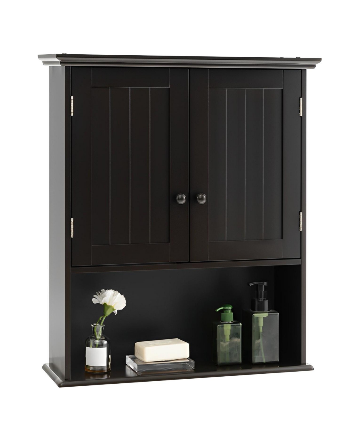 2-Door Wall Mount Bathroom Storage Cabinet with Open Shelf - Dark brown