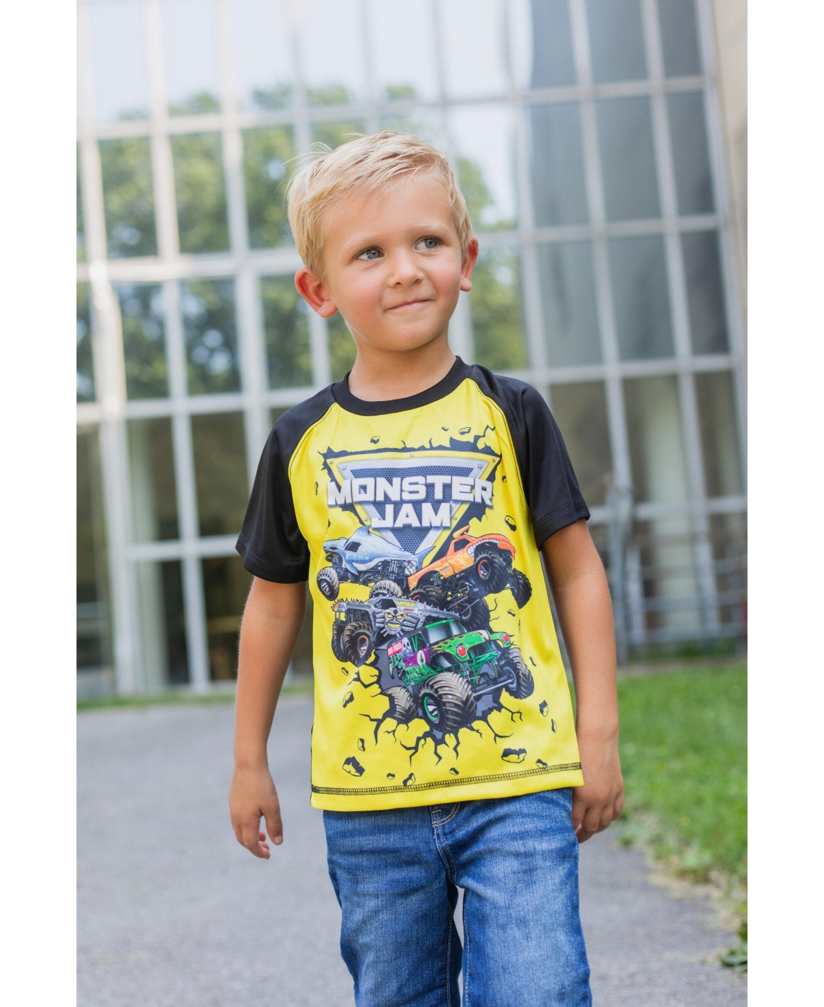Monster Jam Toddler Boys 3 Pack T-Shirts to Grave Digger El Toro Loco Megalodon -yellow