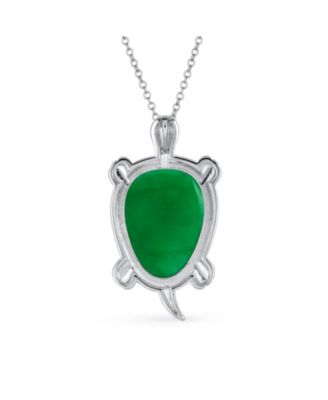 Large Nautical Tropical Beach Vacation Green Natural Jade Sea Turtle Pendant Statement Necklace Sterling Silver Oxidized