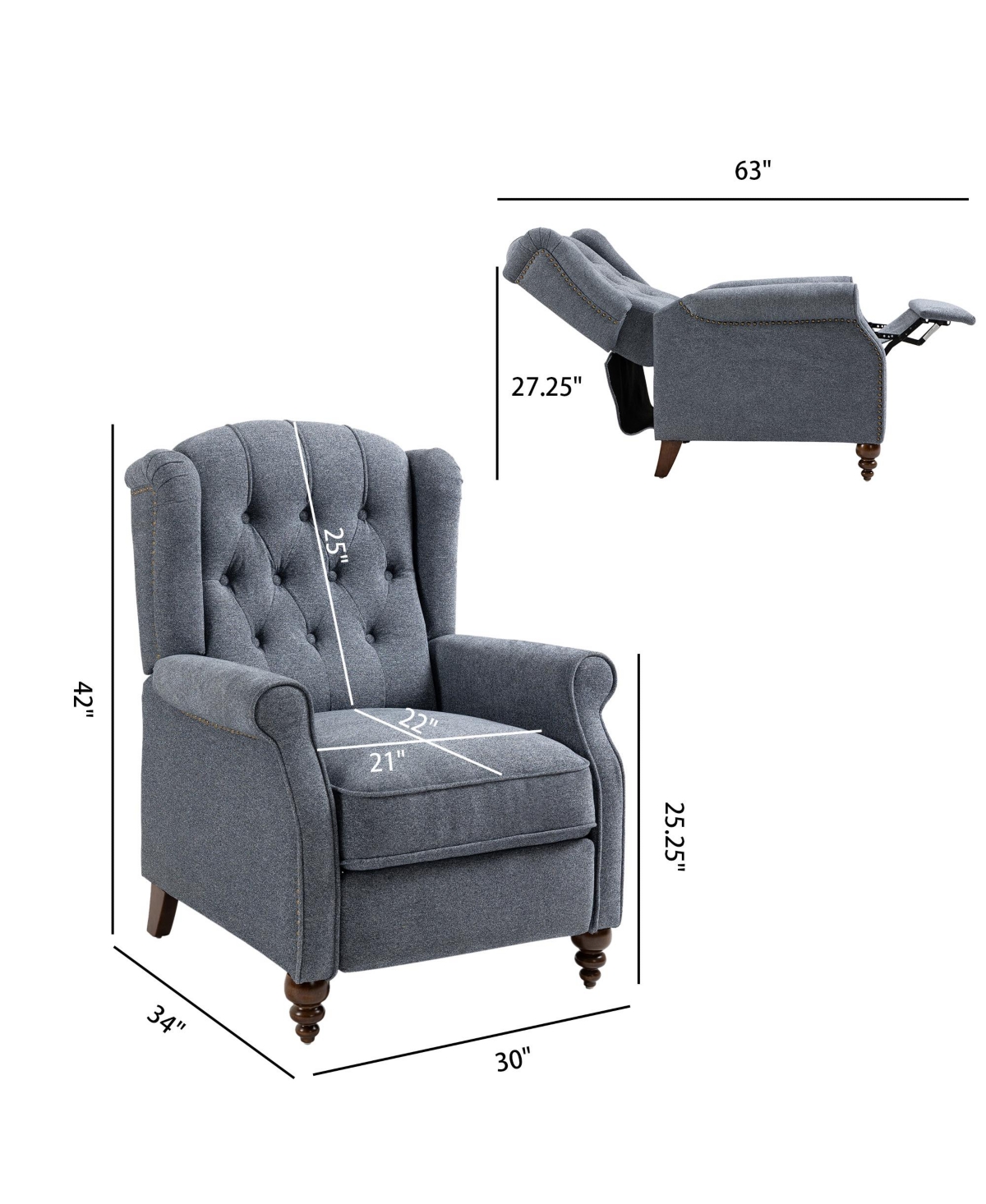 Boyel Living in. Elegant Nailhead Tufted Recliner, Push Back Accent Chair with Rubber Wooden Legs