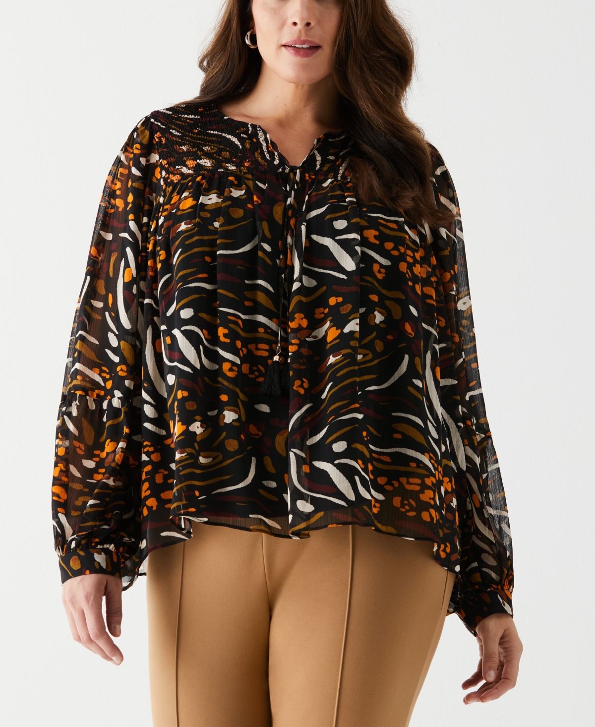 Plus Size Animal Print Smocked Split Neck Long Sleeve Blouse - Black