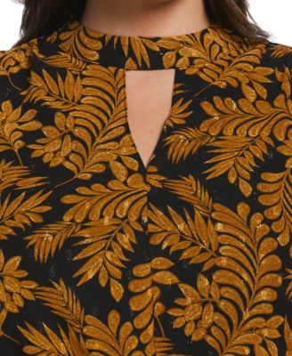 Plus Size Metallic Leaves Print Long Sleeve Dress