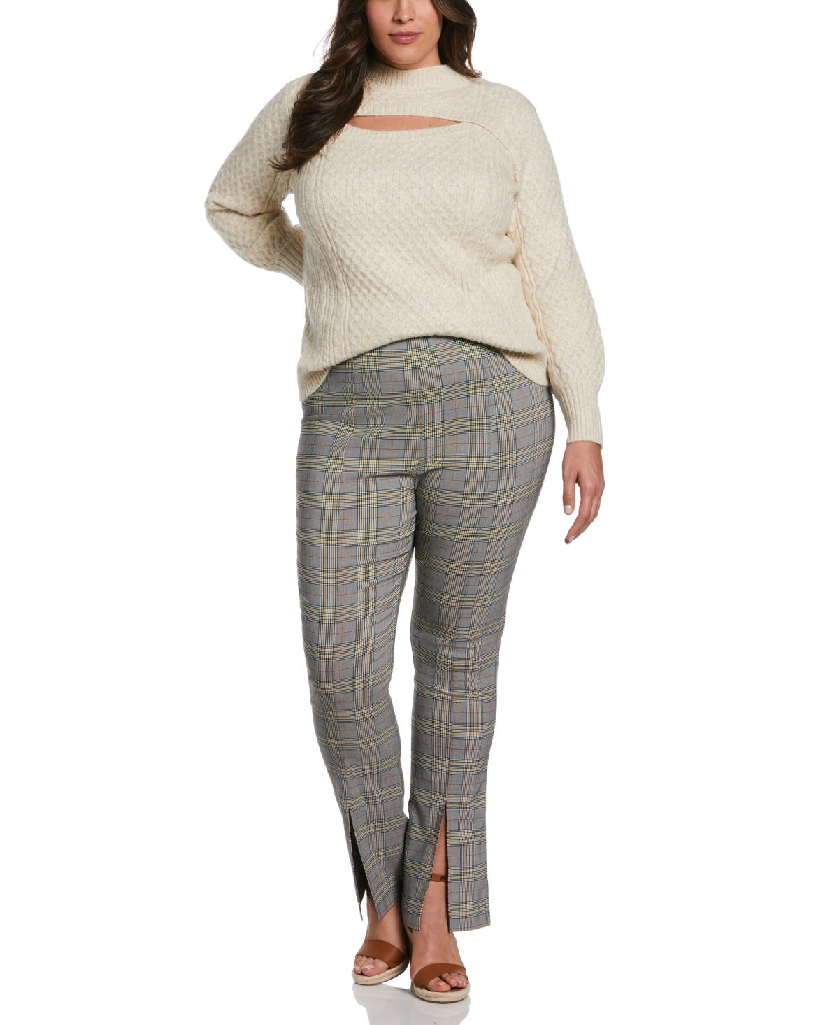 ELLA RAFAELLA PLUS SIZE CUT-OUT CABLE KNIT LONG SLEEVE SWEATER 