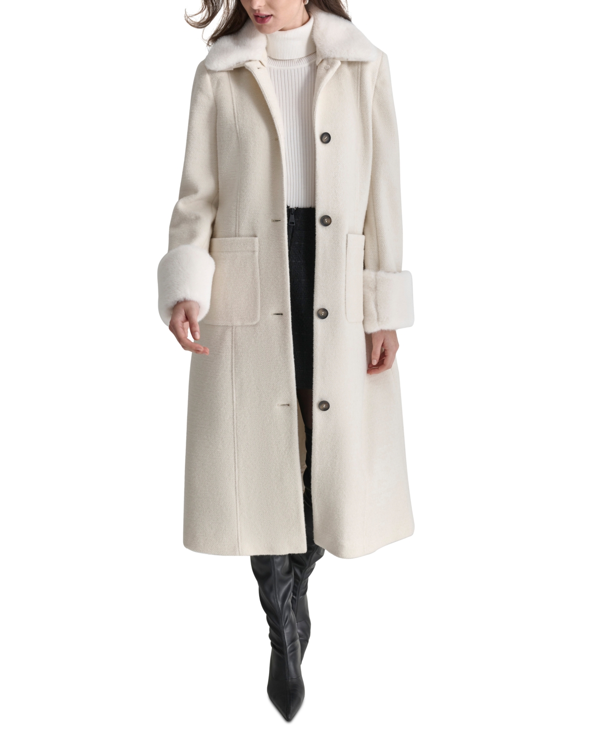 Dkny Women's Faux-Fur-Trim Single-Breasted Belted Coat