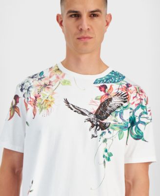 Men's Relaxed Fit Short Sleeve Crewneck Floral Hawk Print T-Shirt